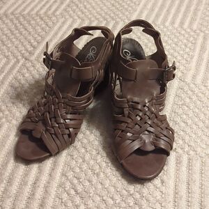 Naughty Monkey Dually Noted Women's Size 8.5 M Taupe Leather Wedge Sandals